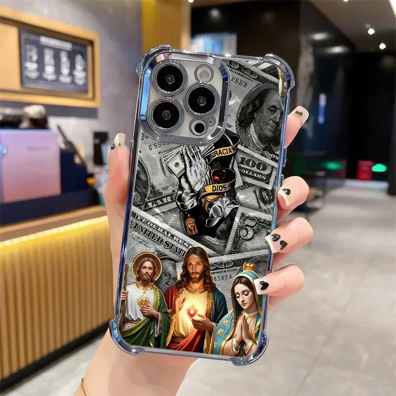 St. Jude Pattern Shockproof Phone Case For iPhone 17/16/15/14/13 Pro Max Plus Electroplating luxury transparent four corner anti drop and shockproof phone case 296