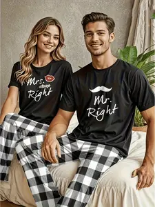Two pairs of couple-matched pajama T-shirts -' Ideal Husband 'lip print and beard patterns, made of comfortable cotton knitted fabric