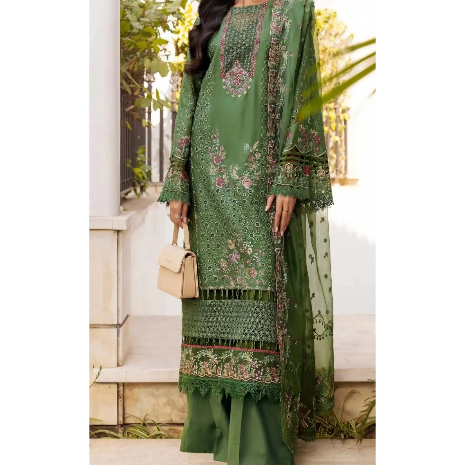 Motifz Women's 3-Piece Lawn Suit - Elegant Style with Rose Flowers and Geometric Embroidery, Bell Sleeve Shirt, Straight Trousers & Chiffon Dupatta, Lace, Outfits, Graceful Presence