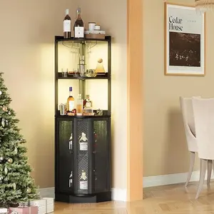 Corner Bar Cabinet with  Power Outlet and LED Strip, 65" H 5-Tier Corner Liquor Wine Display Cabinet for Home, Corner Bar and Storage Solution, for Living Room, Kitchen, Home Bar, Furniture,Gray