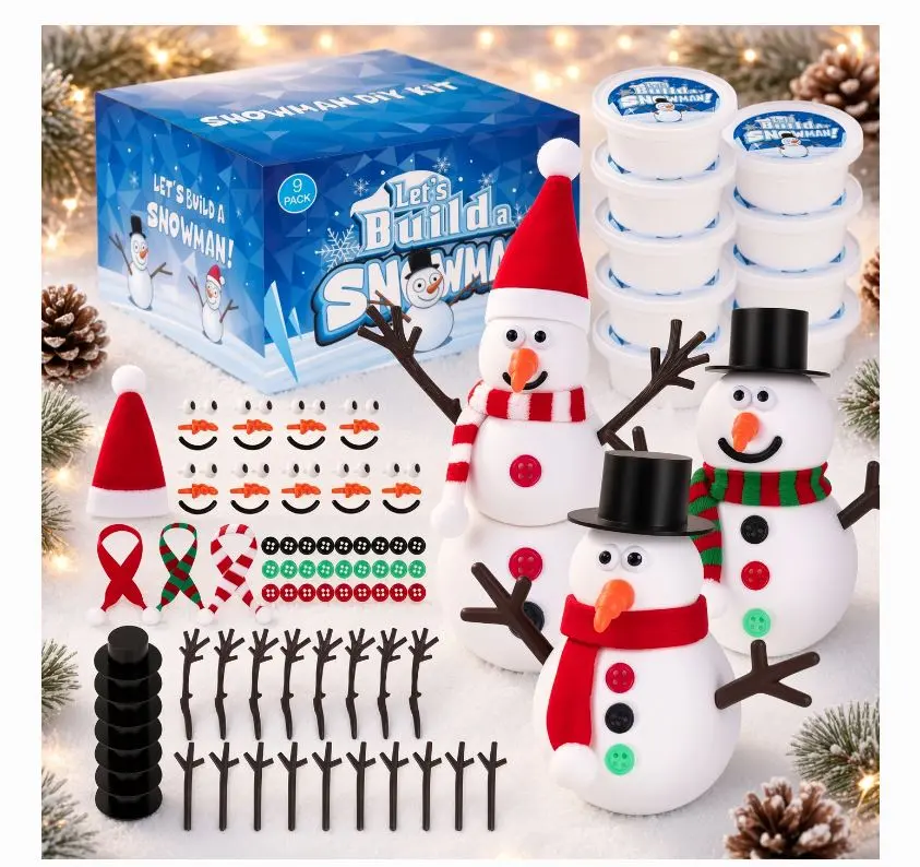 Unisex 9-Pack Christmas Snowman DIY Air-Dry Clay Craft Kit for Kids, Winter Holiday Arts & Crafts Activity, Stocking Stuffers
