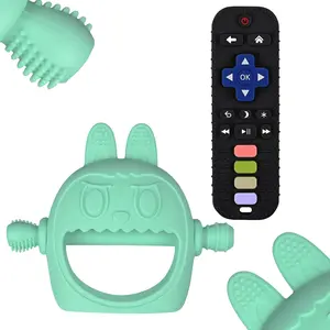 Teething Toys 3-18 Months Baby Teether Toy Toddler Remote Teether for Babies Silicone Hand Teether Mitten Control Remote Teething Glove Set BPA Free