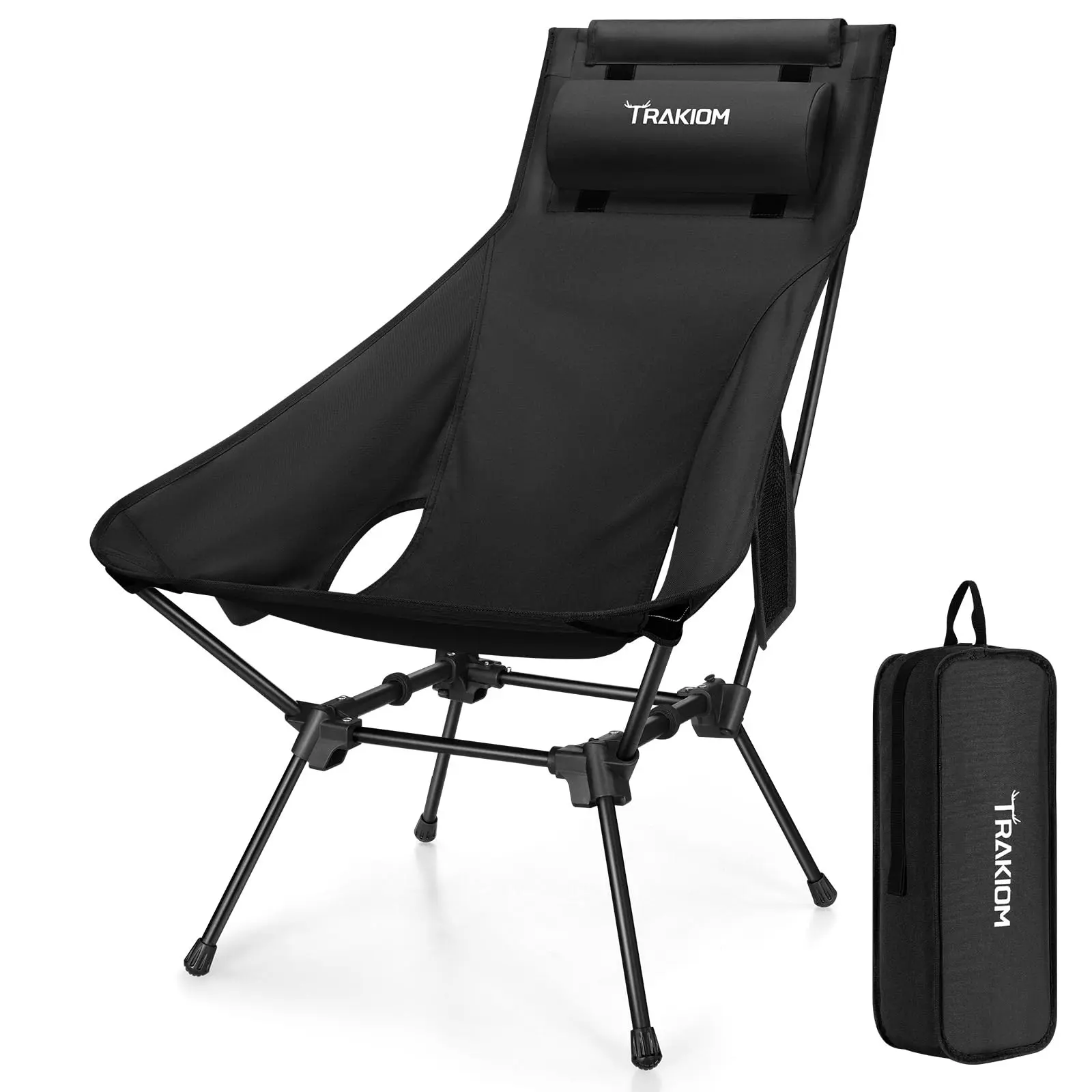 Trakiom High Back Folding Camping Chair - Widened Seat, Lightweight Black Portable Chair with Stable Design, Adjustable Head Support for Camping, Beach, Outdoor Travel, Chairs