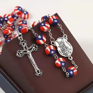 Puerto Rico flag bead Independence Day cross necklace, prayer baptism rose necklace, meaningful faith design culture for teenagers