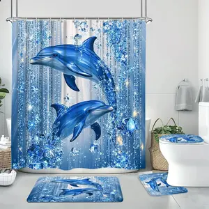 Dolphin Pattern Bathroom Decor Set, 1/4 Counts/set Including Shower Curtain & Toilet Lid Cover & Mat Set, Bathroom Accessories for Home Hotel Decor