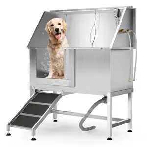 GARVEE 50 Inch Dog Washing Station, Stainless Steel Dog Bathtub wth Left Ramps, Pet Dog Bathing Station With Floor Grate, Professional Dog Grooming Tub for Large, Medium, Small Pets