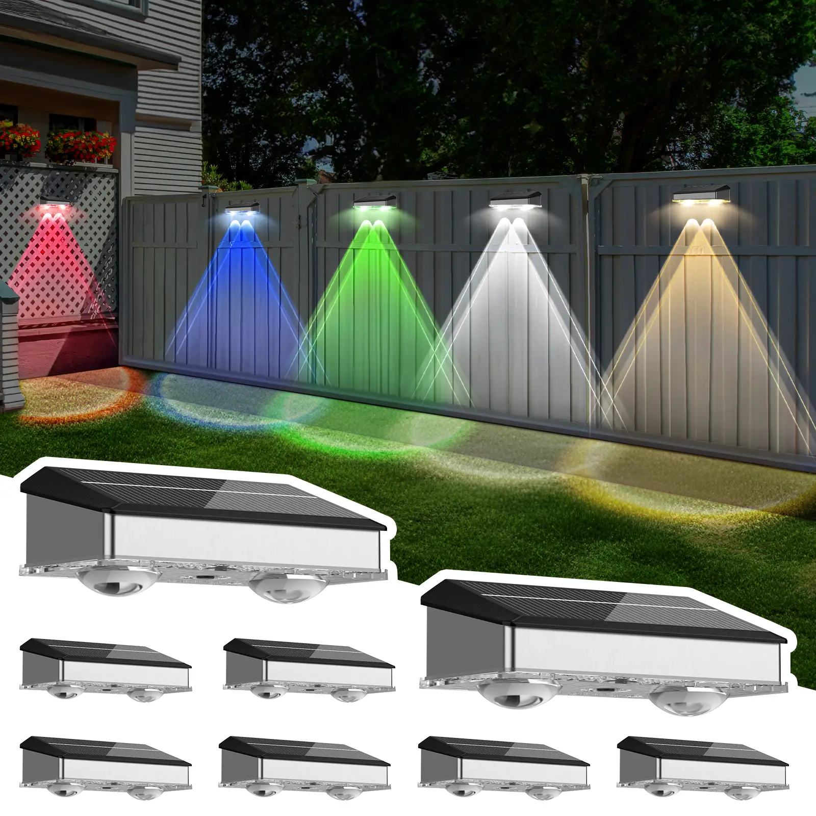 JNOEC Stainless Steel ABS Solar Fence Lights Outdoor 24 Pack 6 RGB Color Changing 8 Fixed Colors Warm White Cool White Colored IP65 Waterproof High Br