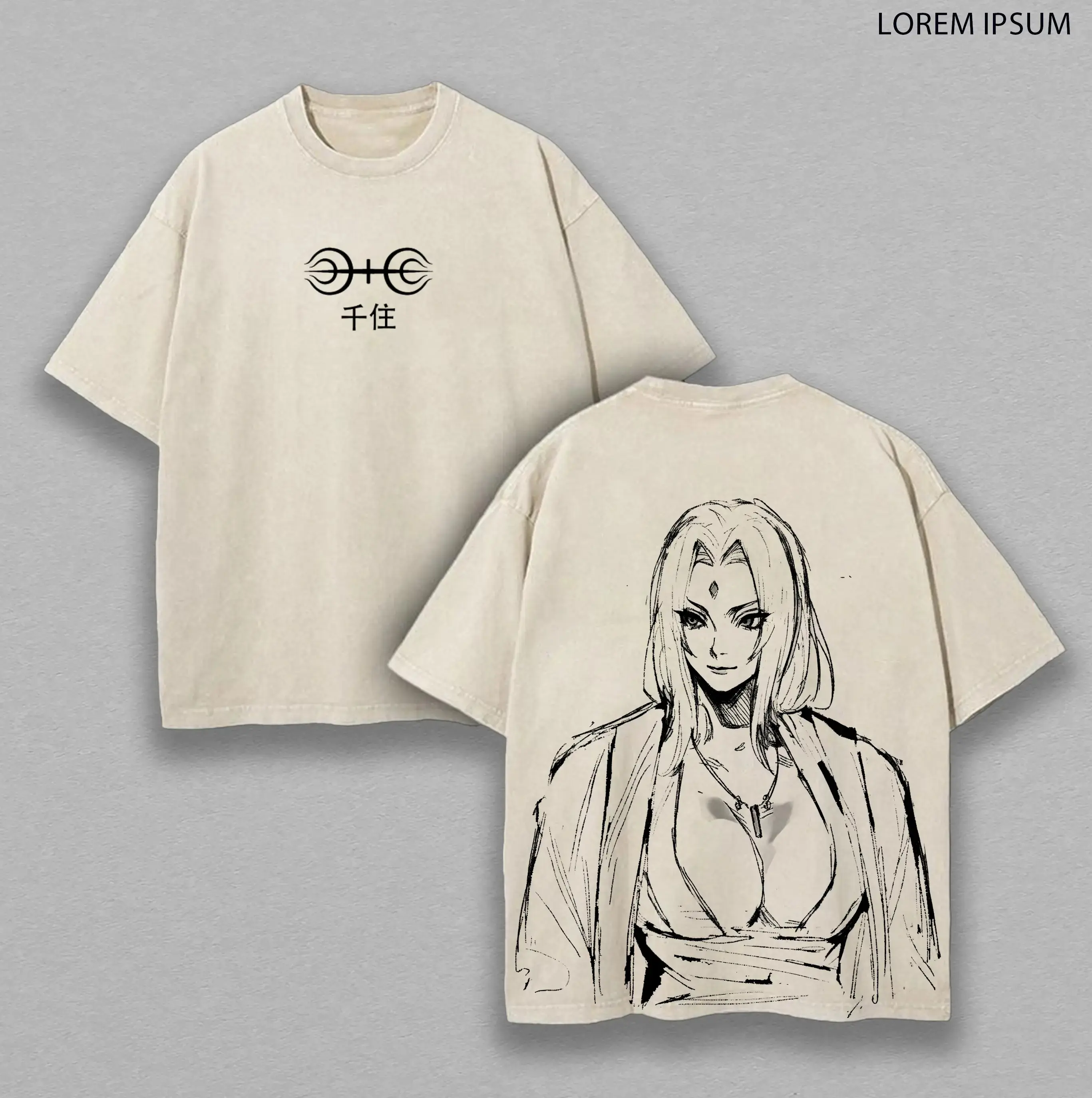 Menswear Tsunade Senju Naruto Anime Double-Printed Vintage Washed Oversize T-Shirt - Soft, Breathable, Seamless Heavyweight Cotton Streetwear, Unisex Gift For Anime Fans