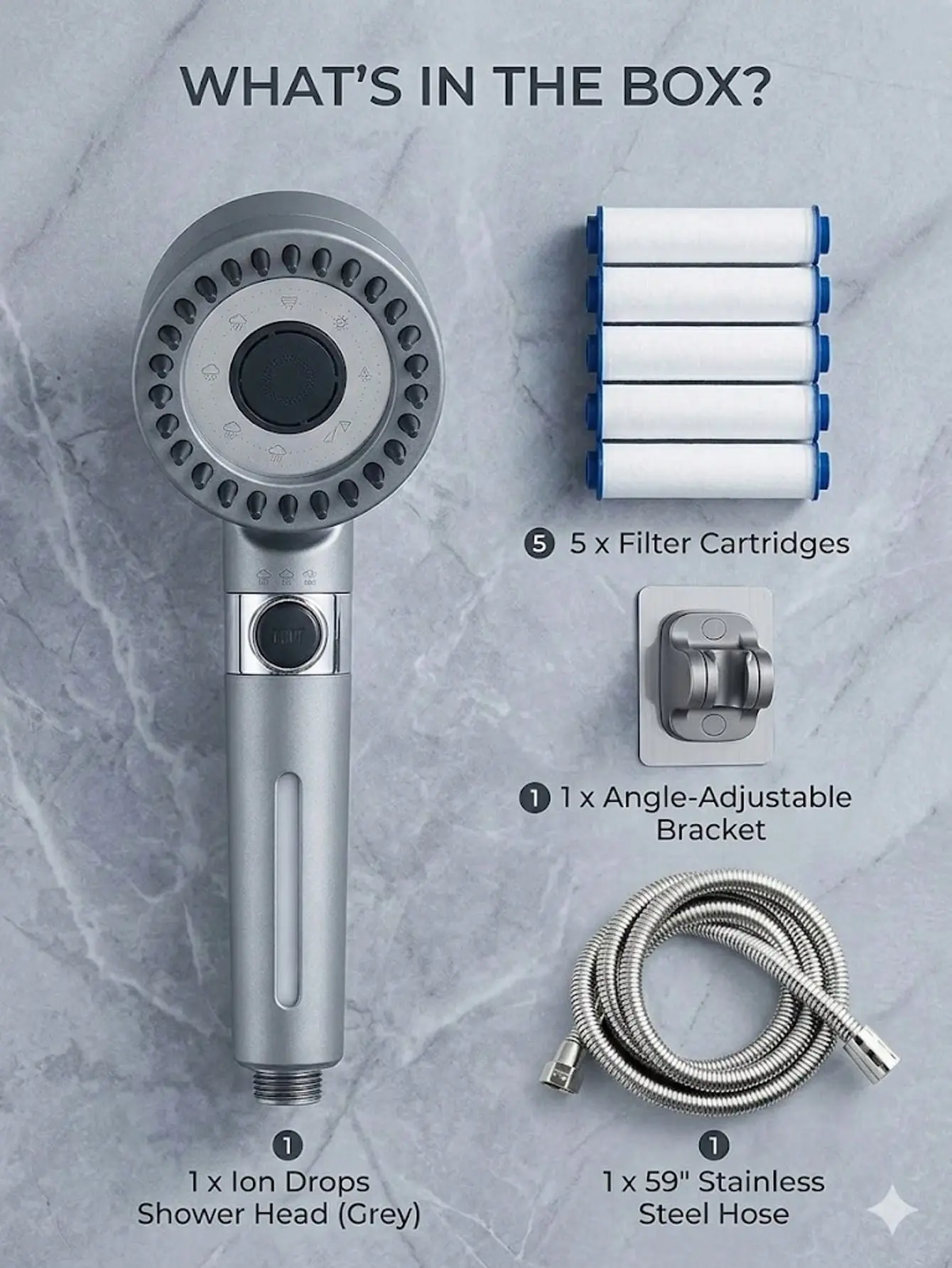 Stainless Steel Multi-Mode High Pressure Shower Head Filter Set with 1-Click Stop, Universal Fit for Renters, 5 Replacement Filter Cartridges, Shower Hose, Wall Bracket, Water-Saving Bathroom Sprayer