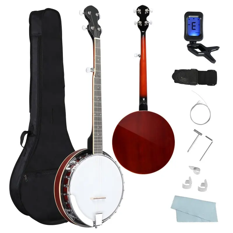 Right-Handed 5-String Full Size Banjo Set - Portable Closed Solid Sapele Banjo Body, Premium Mahogany Neck, Smooth-Touch Finish, with Essential Accessories