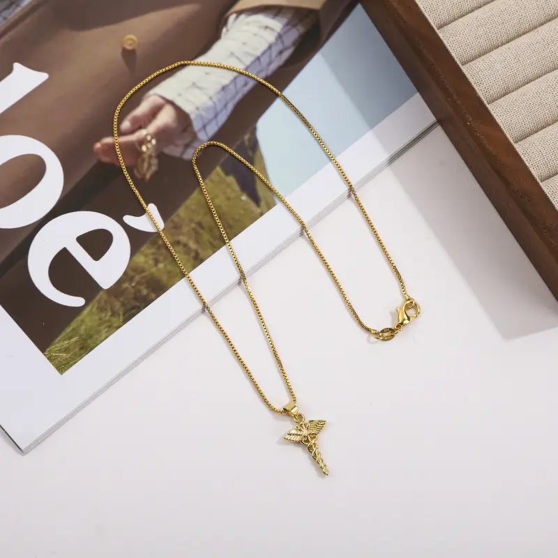 Caduceus Medical Pendant Necklace — Gold‑Tone,  Box Chain,Spring/Summer Jewelry, Fall/Winter Jewelry, Girlfriend Holiday Gifts, Men's Jewelry, 18/20/22/24 inch