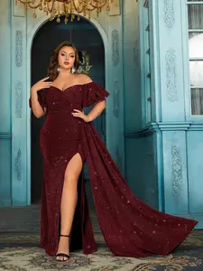 Plus Size Burgundy Glitter Mermaid Evening Gown Off Shoulder Ruffle Sleeve Formal Dress with High Slit & Train Elegant Prom Dress for Wedding Guest - Womenswear