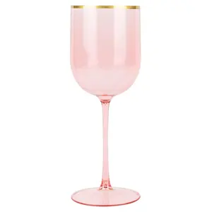 EcoQuality Translucent Plastic Pink Wine Glasses with Gold Rim - 12 oz Wine Cups with Stem, Disposable Shatterproof Wine Goblets, Reusable, Elegant Drink Cup Tumblers Weddings, Party (120 PACK)