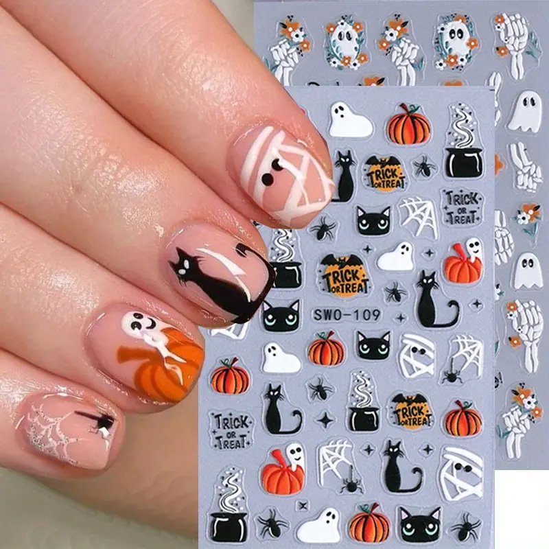 Halloween Self-Adhesive Nail Stickers - Spooky Ghost, Pumpkin, Skeleton Designs for DIY Manicure, Nail Art Decals for Spooky Look, Beauty & Personal Care Accessory, Decal Stickers, Diy Apply, Manicure Art, Single Item, Nail Supplies