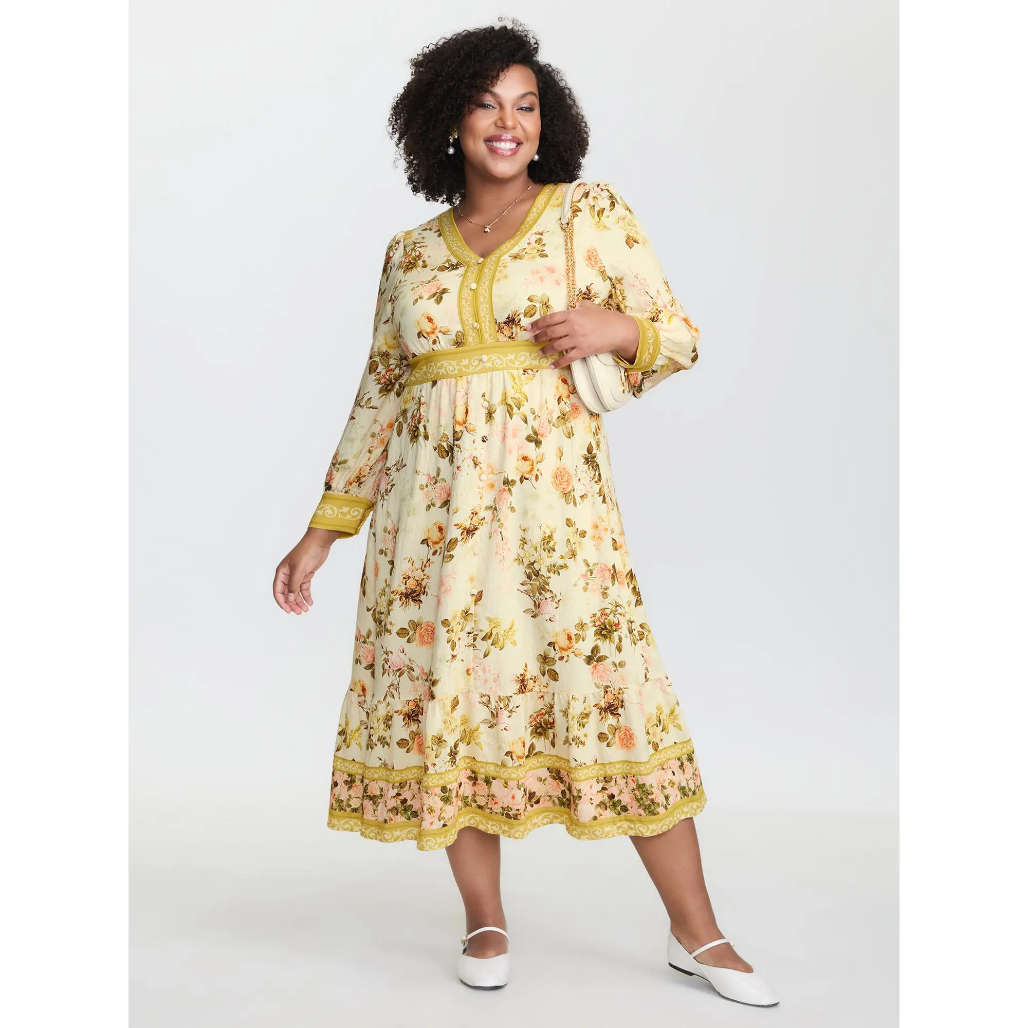 BLOOMCHIC Women's Plus Size Casual Long-Sleeve Polyester-Nylon Sunkissed Floral Color-Contrast Midi Dress - Smooth Fabric, Flattering Fit, Functional Pocket, Low Iron, Cold Wash, Cuff Sleeve, Casual Wear, Ready-to-Wear Yellow