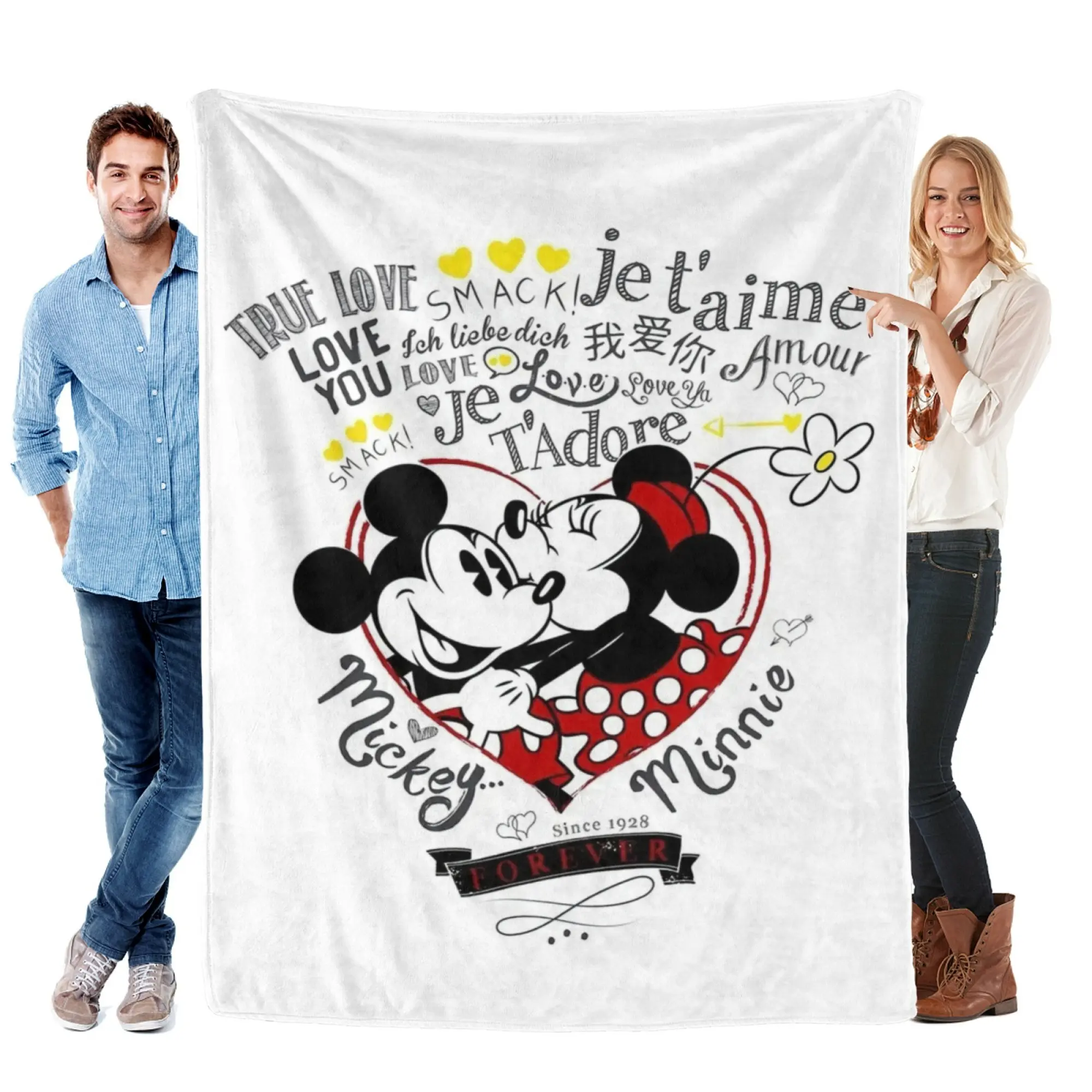 [SummerVibes] DISNEY CLASSIC Mickey & Minnie "True Love" Flannel Blanket - Soft 2D Cartoon Print, Romantic Couples Gift for Couch, Bed & Home Decor