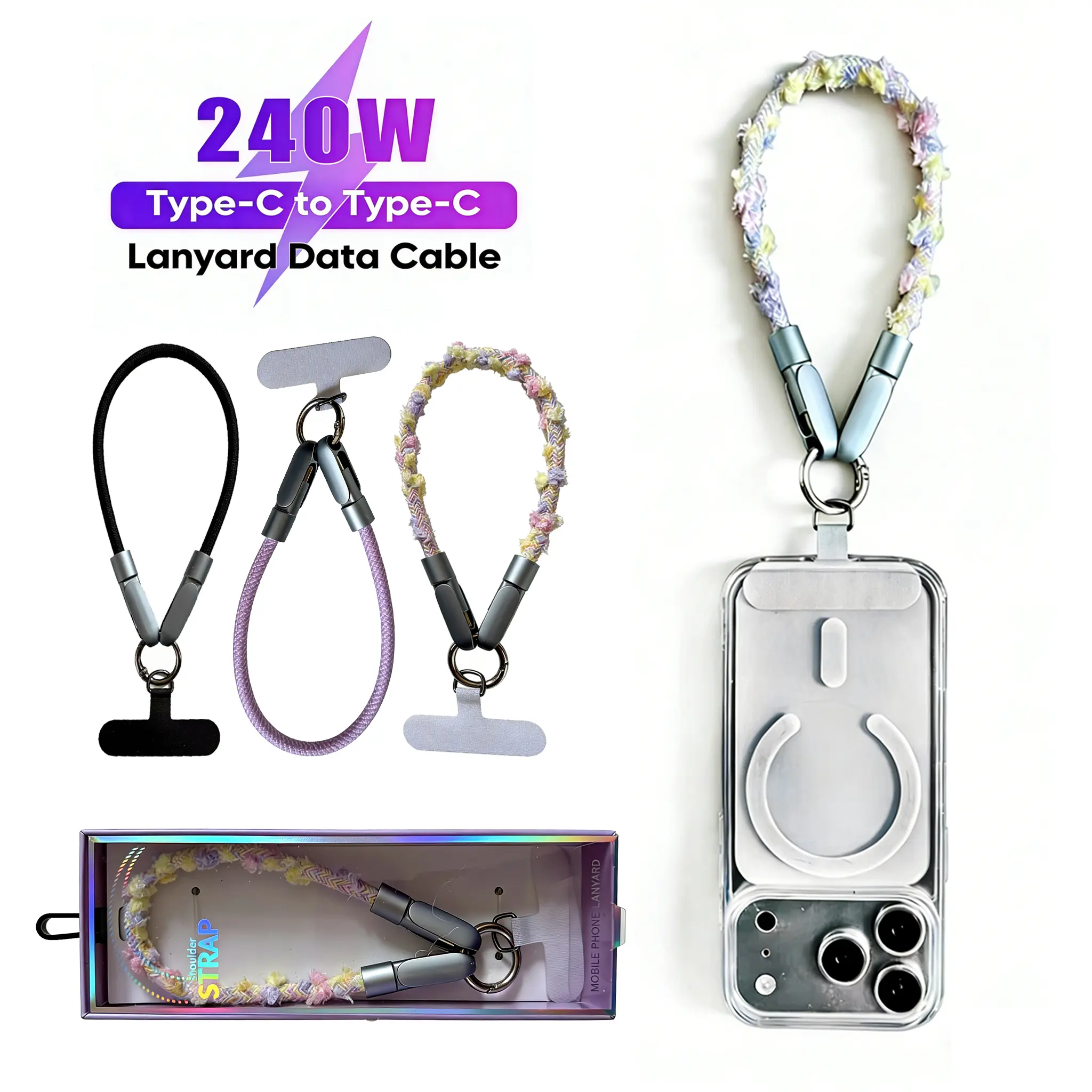 2-in-1 Cute Pink Plush Wired Mobile Accessory - 240W USB-C Fast Charging Cord, Nylon Anti-Lost Crossbody Strap, Skin-Friendly Universal for iPhone 15 16 17 & Android Mobile Phone Chain Accessories