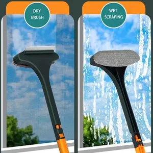 Household cleaning tools, window cleaning brush, cleaning supplies, 2-in-1 double-sided window screen cleaning brush and glass scraper with scraper, long handle, wet and dry use.