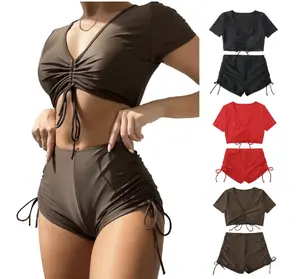 Draw String Two Pieces Lace Up Bikini Set High Waited Cotton Solid Swimwear Comfortable Swimsuit 2024