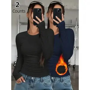 2-piece women's thermal underwear top, solid color classic round neck long sleeved base shirt, suitable for autumn and winter wear, ideal for running and hiking, comfortable base T-shirt suitable for outdoor activitiesRAIMENTRY