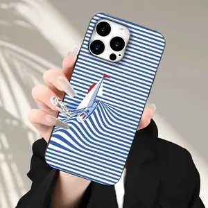 Liquid Large Hole Creative Blue Striped Sailboat Pattern Shockproof Phone Case for iPhone 15/15 Plus/15 Pro/15 Pro Max