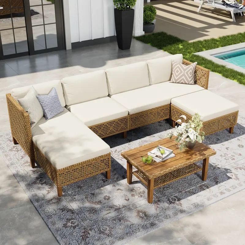PHIVILLA Boho Wicker Patio Furniture Sofa Set, 3/5/6 Seaters, Outdoor Rattan Sectional Conversation Sofa Set - Weather-Resistant, with Dual Storage Coffee Table Acacia Wood Legs for Garden, Patio & Deck, Home Decor, tiktokshopstockup