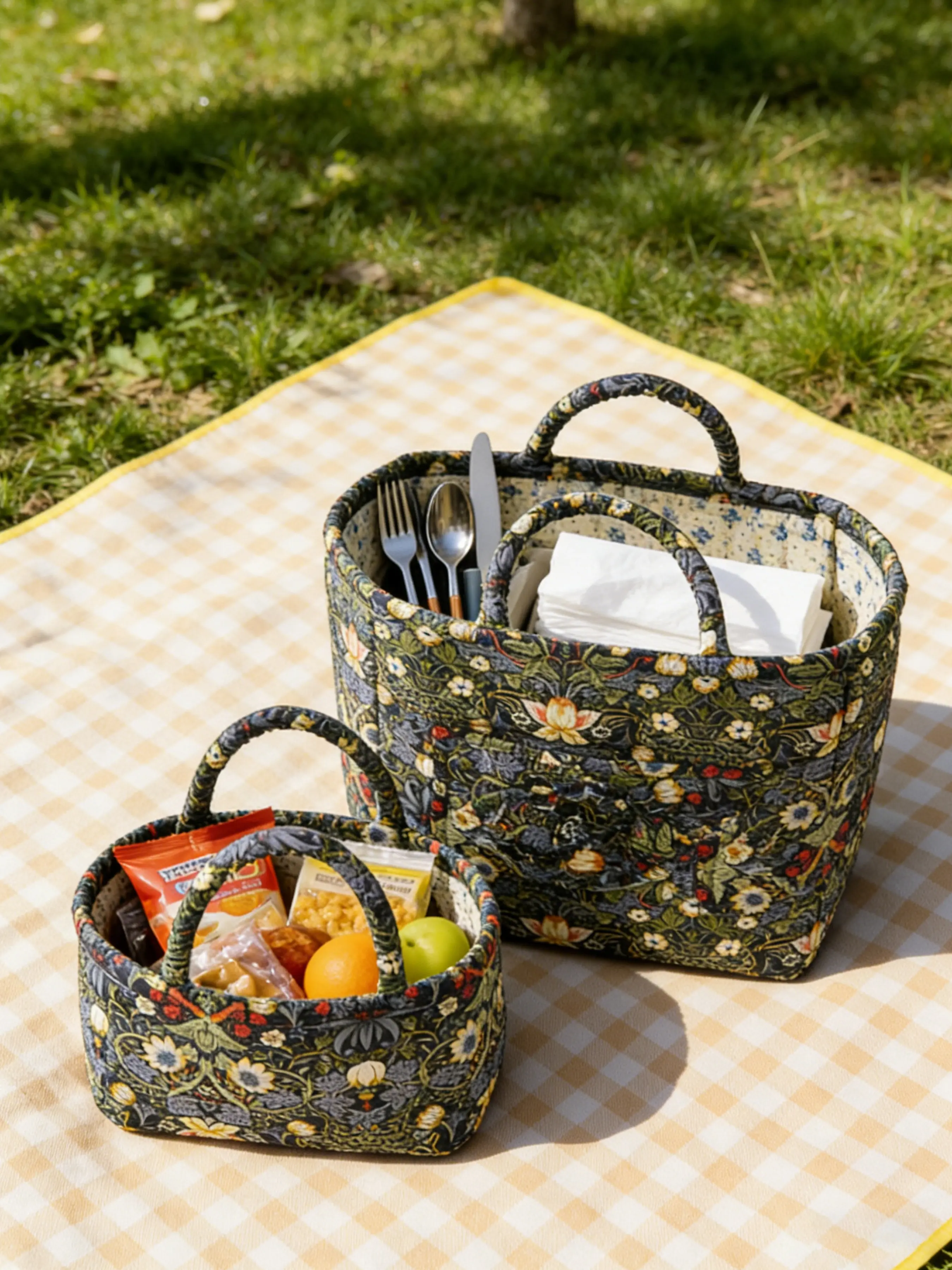 Deep Floral Storage Basket, Versatile Outdoor Picnic Pack Organizer, Holds Dishes Snacks, Home Organization for Kitchen Bathroom Bedroom Office