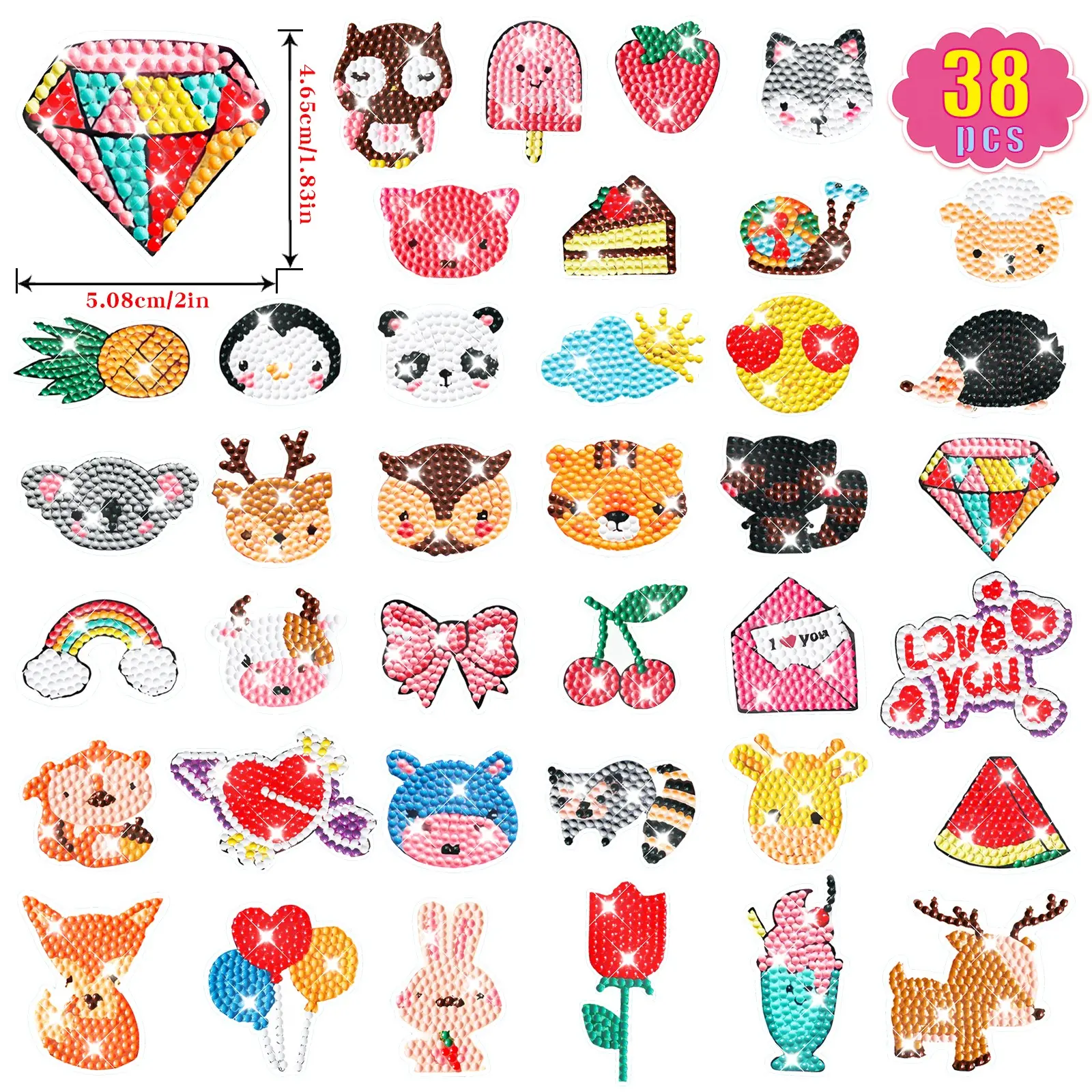38pcs Diamond Painting DIY Handmade Puzzle Cartoon Animal Mosaic Stickers Gift Set, Educational Craft Kit for Kids and Adults, Diy Kits