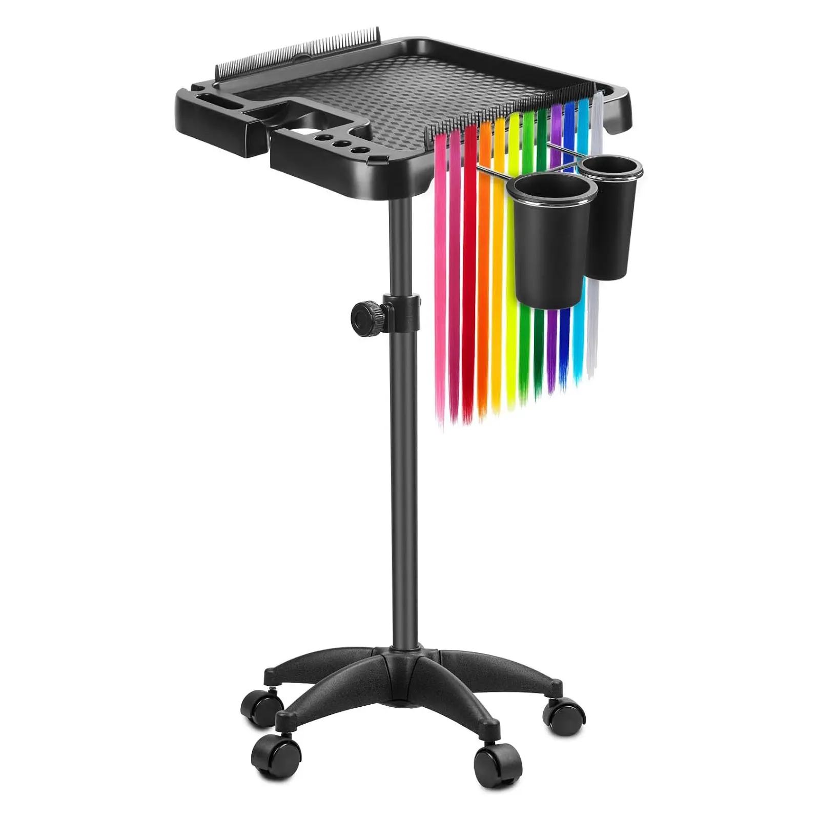 Adjustable Rolling Salon Tray with Holder & Hair Separator Stand, Black | Adjustable Hairstylist Rolling Salon Tray with Holder & Hair Separator Stand, Premium Tattoo Cart for Spa