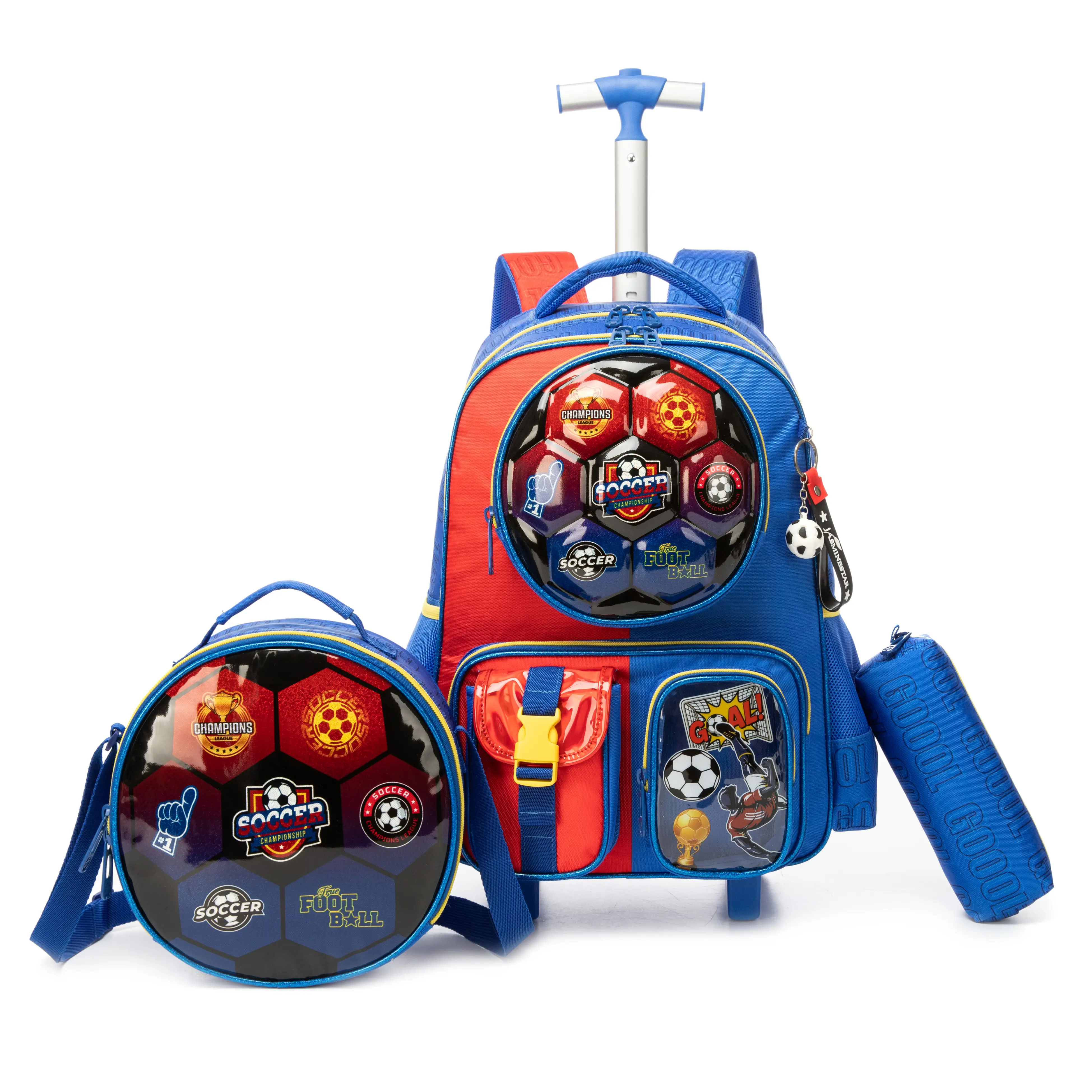 Kids Rolling Backpack Set Boys School Bag with Lunch Box Pencil Case Soccer Football Print Trolley Bookbag