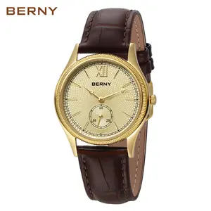BERNY Gold Watch for Men Waterproof Men's Wristwatch Fashion Unisex Analog Quartz Watches Male Vintage-Style CoupleWatch Classic Roman Numeral Marker Stainless Steel Case Genuine Leather Band Luxury Birthday Present, Reloj de Hombre, Easter Gift