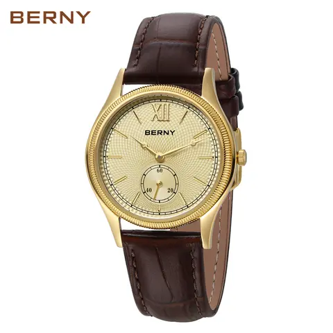 BERNY Gold Watch for Men, Retro Analog Quartz Watches, Vintage-Style Couple Watch, Waterproof Wristwatch, Classic Roman Numeral Markers, Stainless Steel Case, Genuine Leather Strap, Elegant Birthday Gift, Relojes Para Hombres,  Fall Deals for you