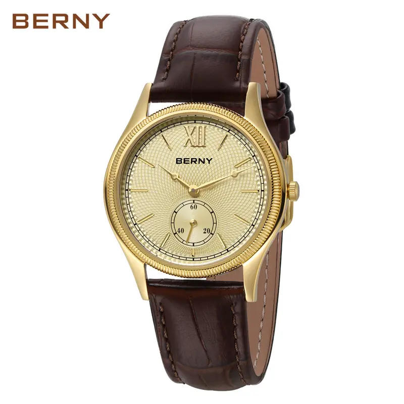 BERNY Gold Watch for Men, Retro Analog Quartz Watches, Vintage-Style Couple Watch, Waterproof Wristwatch, Classic Roman Numeral Markers, Stainless Steel Case, Genuine Leather Strap, Elegant Birthday Gift, Relojes Para Hombres, Fall Deals for you