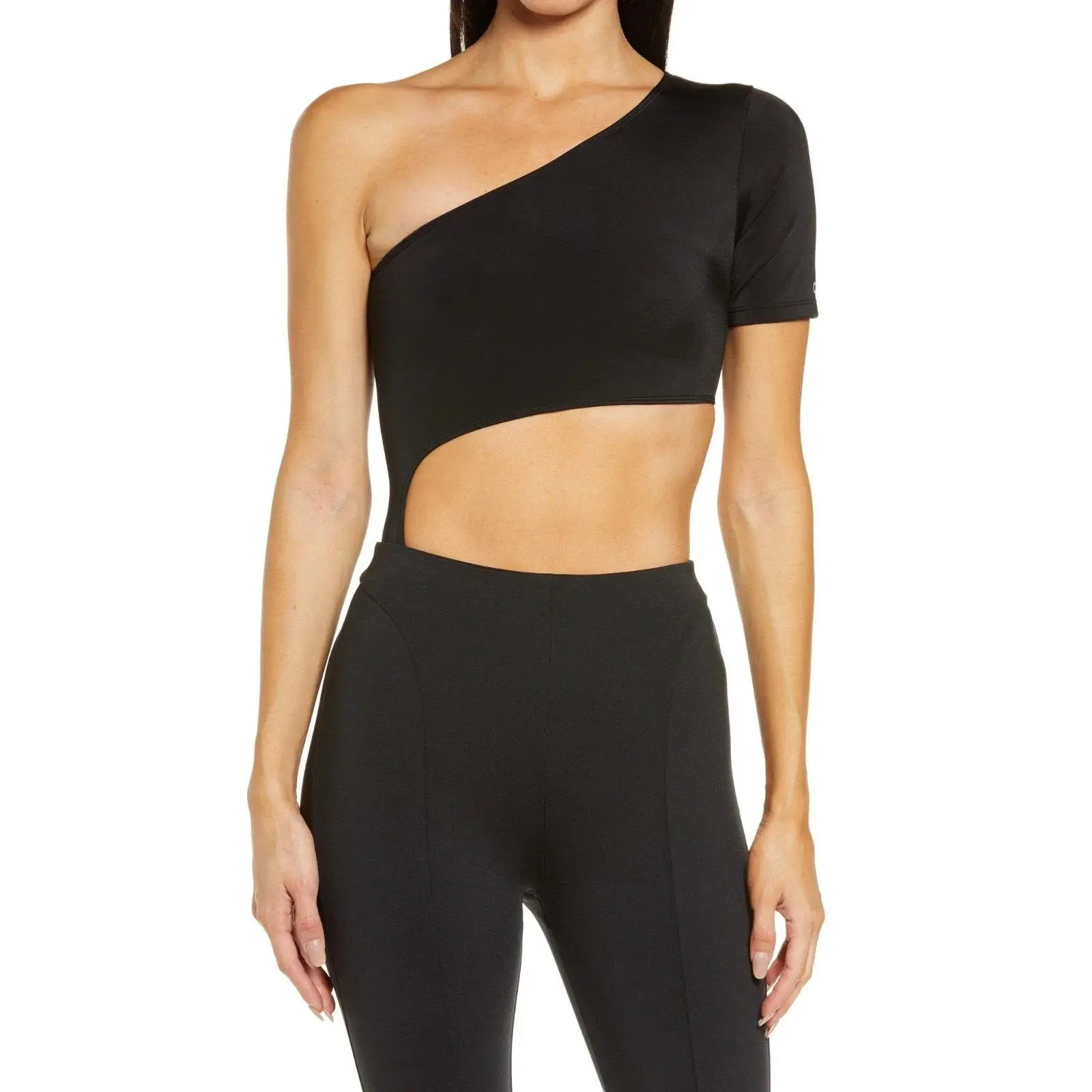 Alo Yoga Body Wave Stretch Cutout One Shoulder One Piece Bodysuit in Black | Women's