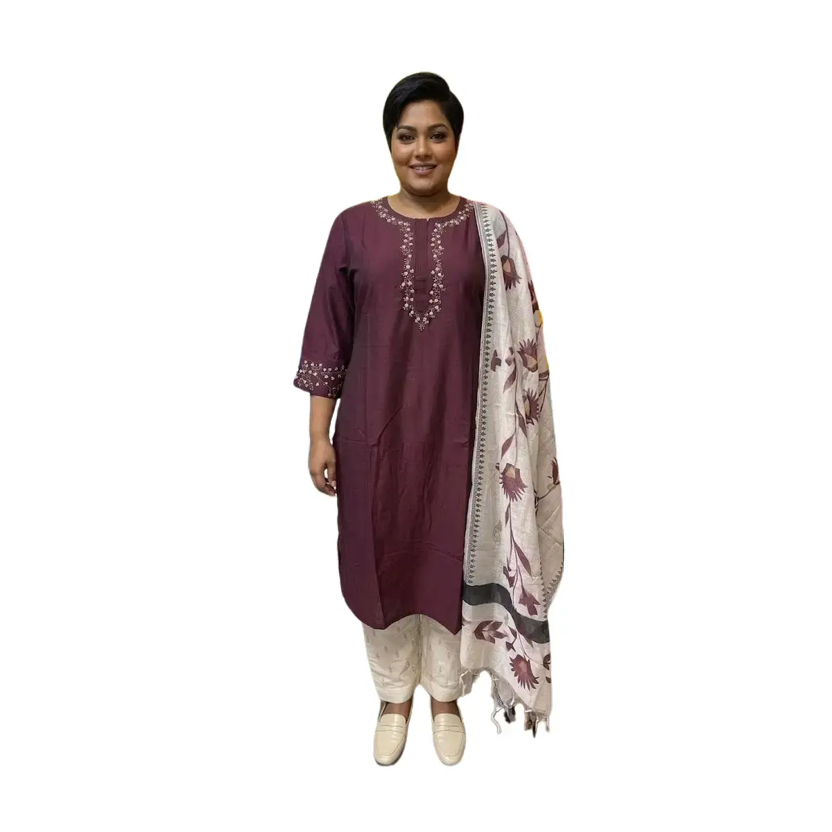 Maroon Embroidered Kurti Set with Printed Dupatta – 3‑Piece Women’s Ethnic Wear