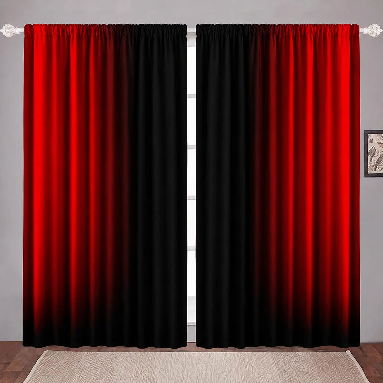 2-Panel Abstract Ombre Red and Black Slide-On Rod Pocket Curtains - Softtouch Drape with Vivid Digital Art, Crisp Designs, Durable Indoor Curtains, 2 Sizes, Gentle Cold Water Machine Wash for Teens' Bedrooms, Living Rooms