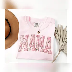 Printed Mama Shirt Floral Faux Patchwork Mom Tee Mother's Day Gift For Mom Birthday Gift New Soft Crewneck Cotton Tee