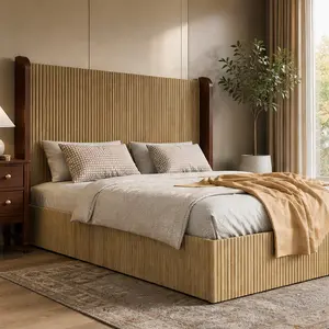ARCH Queen Size Serrated Wooden Platform Bed Frame with Wing-Shaped Headboard, No Box Spring Needed, Natural Wood Finish, Iron & Pine Construction, Easy Assembly, 1000 lbs Capacity, Brown Tone, Bedroom Bed, 63.78W x 81.30D x 52.36H Inches