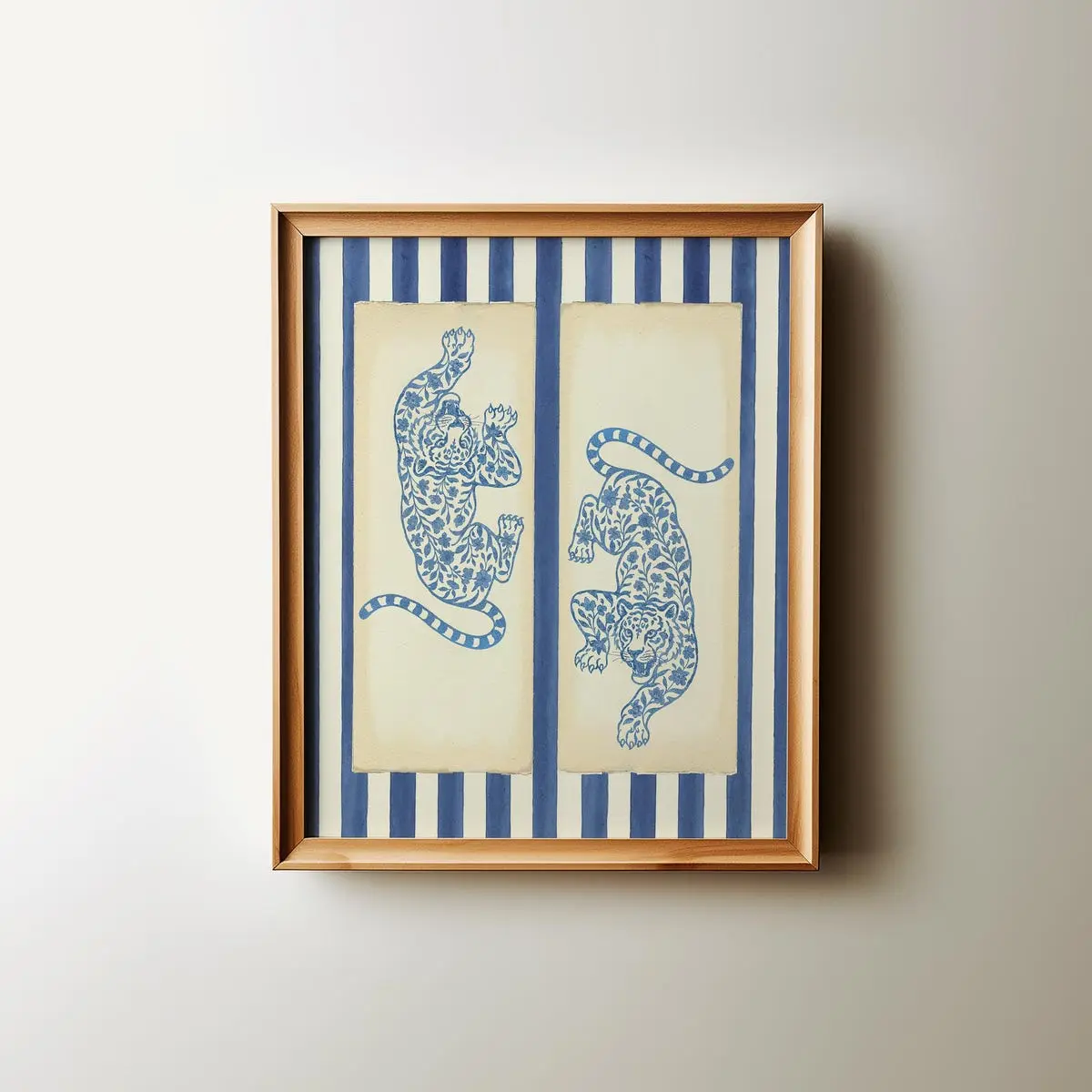 Blue Tiger Wall Art with Stripes, Jungle Poster Art, Grandma Core Decor, Coastal Preppy Dorm Striped Chinoiserie Print, 5 Size, 8x12 to 27x40 inch, Unframed, Room Decor