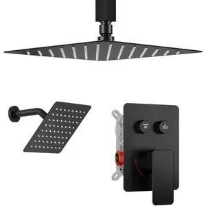Shower Faucet Set Matte Black Shower System,  10" Ceiling Mount Rain Showerhead and 6" Wall Mounted Rainfall Shower for Couples,  Off Button Valve Dual  Shower Systems Complete