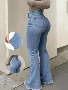 Elegant High-Waisted Stretchy Slim Fit Tall Denim Flare Pants for Women, Stylish Solid Color Versatile Look for All Seasons, Bottom, Womenswear, Trouser