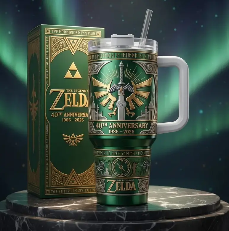 [Gift Box & Straw] Fantasy Adventure Inspired 40oz Tumbler With Handle, 40th Anniversary Collector Edition Stainless Steel Insulated Travel Mug, Legendary Sword & Golden Emblem Gaming Design, Reusable Drinkware Gift For Gamers