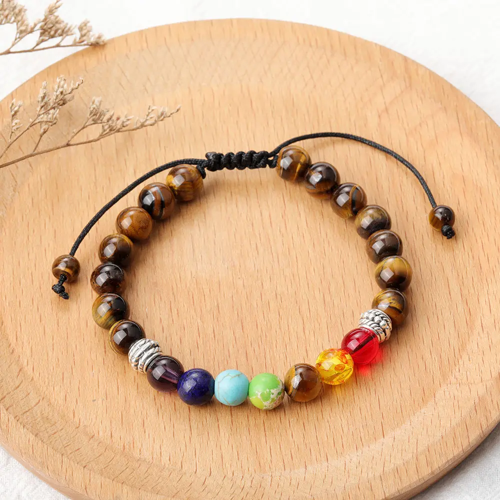 Natural Crystal Bracelet, 7 Chakra Tiger Eye Crystal Bracelet, Handmade Braided Woven Adjustable Bracelet for Women, Healing Bracelet, Christmas gift, Birthday gift, Gift for Men Father, Boyfriend, Husband, Daily Anniversary