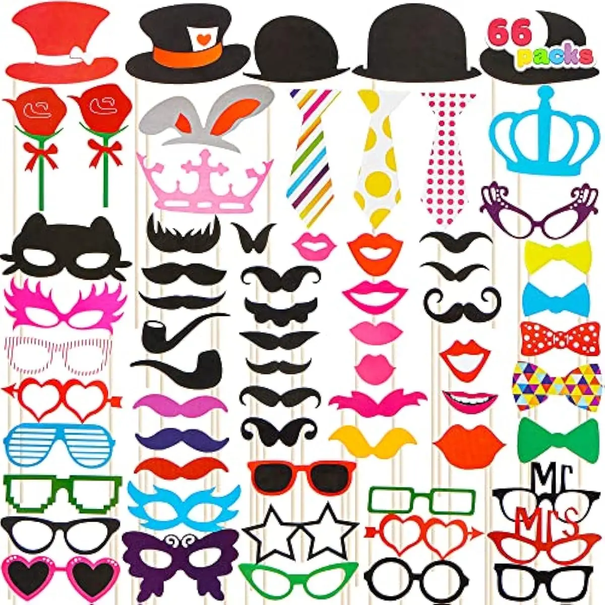Toy Photo Booth Props 66 PiecesMulticolor Kit for Graduation Wedding Party Supplies Favorswith Stick, Hats, Glasses, Mouth, Bowler, Bowties