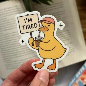 Funny Tired Duck Sticker, Cute Book Lover Gift, Waterproof Vinyl Decal for Laptop, Planner & Journal