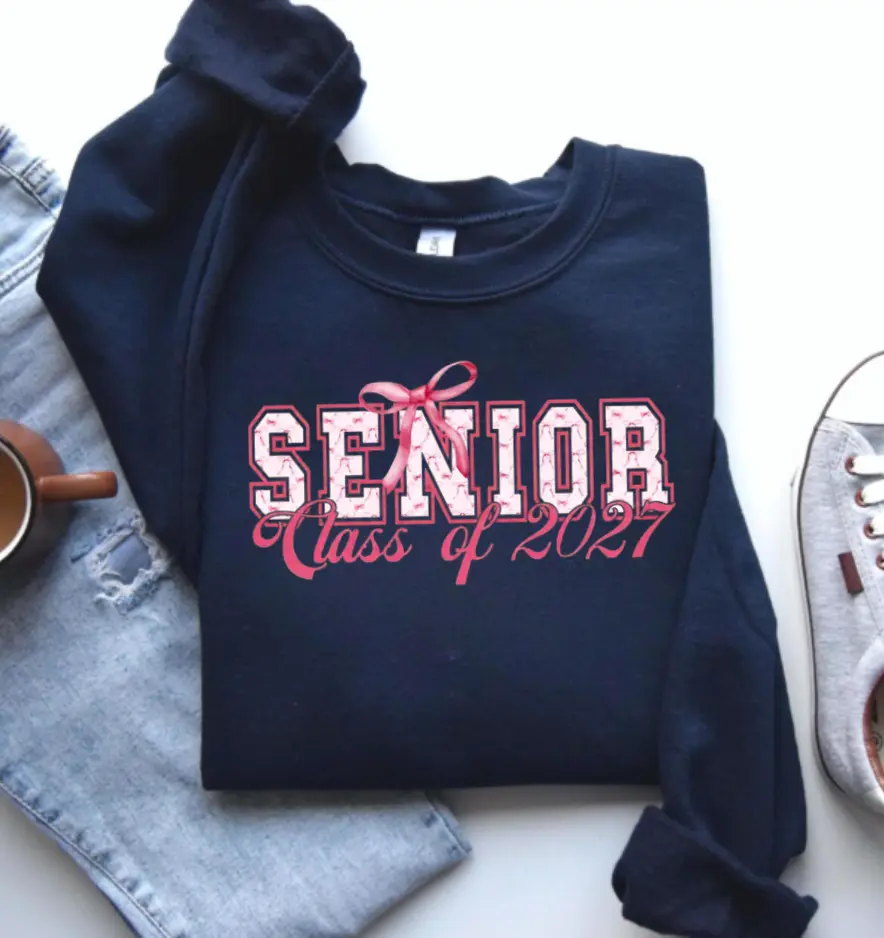 Senior Class of 2027 Sweatshir, Cute Pink Bow Graduation Pullover, Cozy Unisex Senior Year Gift for High School & College Students, Soft & Comfy First