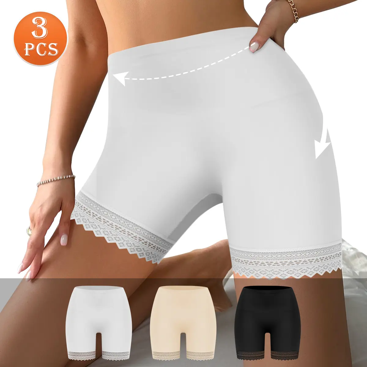 QUASTI 3-Piece High-Waisted Lace Tummy-Lifting Women's Boxer Briefs, Hip-Lifting, Soft and Silky Fabric, High-Elasticity, Breathable, Safe Shorts, Shaping Sports Shorts, Sizes S-XXL
