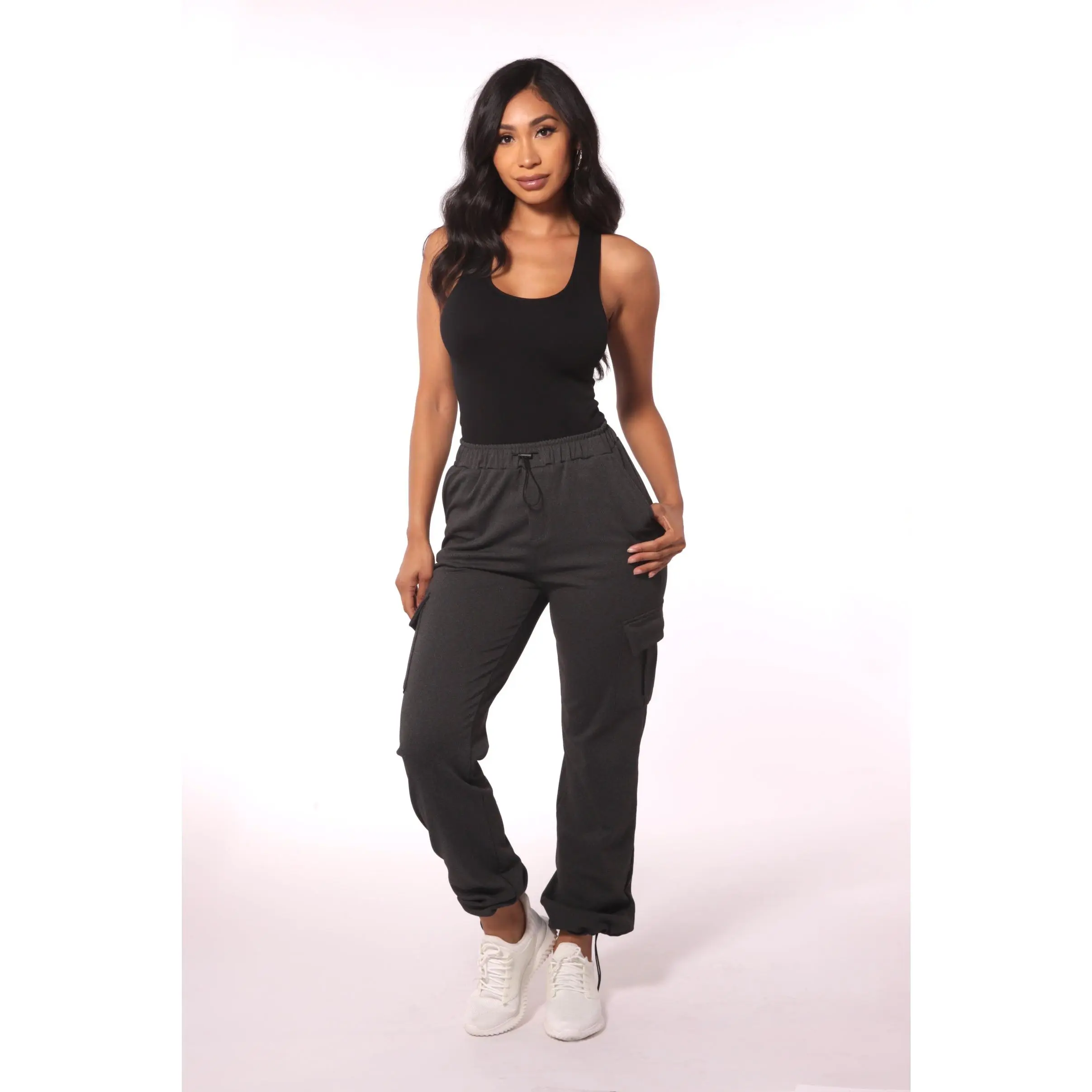 Straight Leg Cargo Pants With Bungee Cord Ties - Charcoal