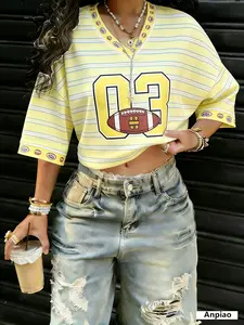 Vintage Rugby Print Women's Short Jersey, Stripes V Neck, Loose-Fitting Sporty Top, All over Print, No Button or Zipper