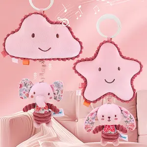 Baby Soft Plush Music Toy with Music Box, Pink Soft Hanging Rabbit Musical Toy (With Crinkle paper, Bibi sound) for Newborn Babies, Baby Lullaby Pull Musical Sensory Toys for Babies Boys and Girls